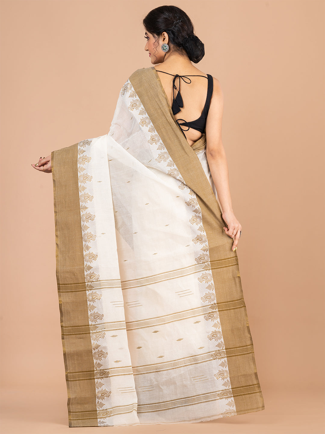 Off White & Brown pure cotton woven design taant saree