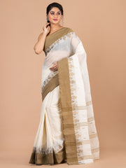 Off White & Brown pure cotton woven design taant saree