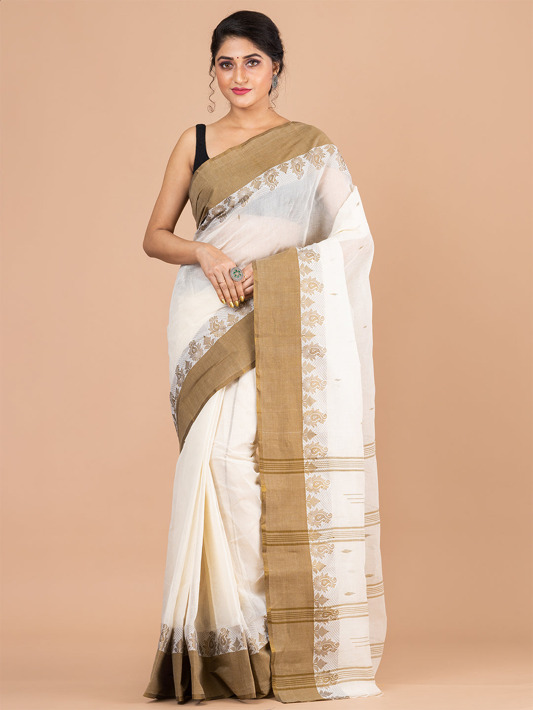 Off White & Brown pure cotton woven design taant saree