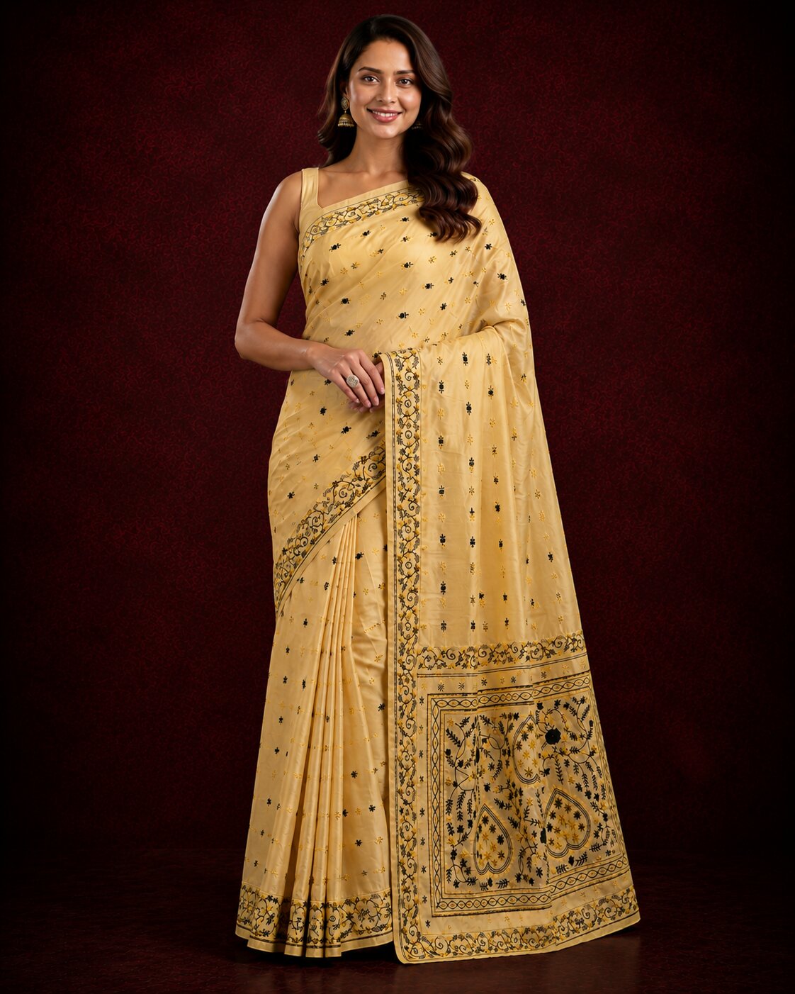 Laa Calcutta Beige & Black thread work art silk Embroidered katha stitch saree