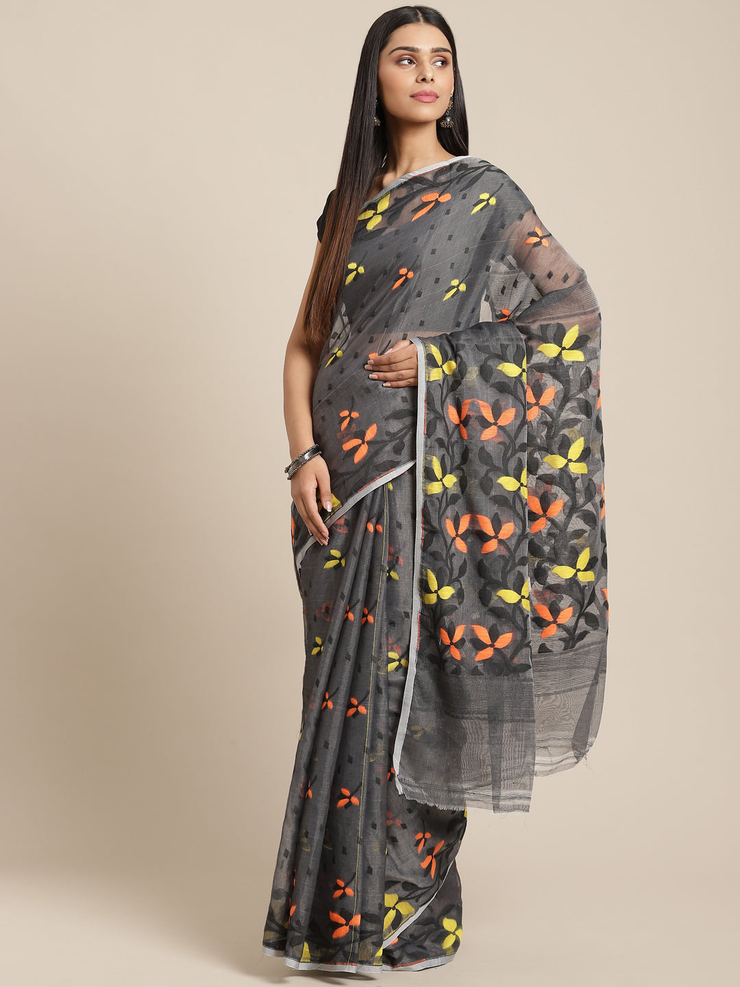 Grey & Orange  Cotton Jamdani Saree