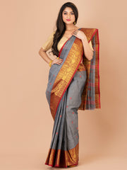 Grey & Maroon pure cotton taant saree