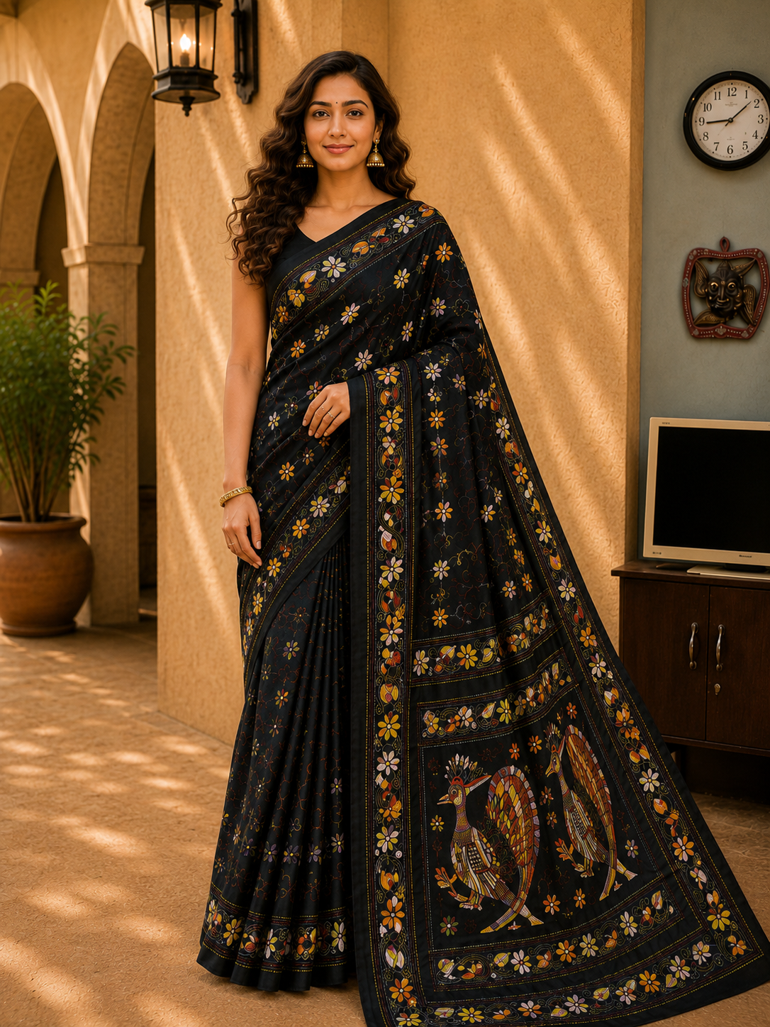 Laa Calcutta Black & Multi hand-stitch embroidary silk blend kantha stitch saree