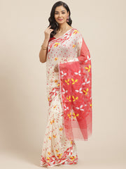 Off  White & Red  Cotton Jamdani Saree