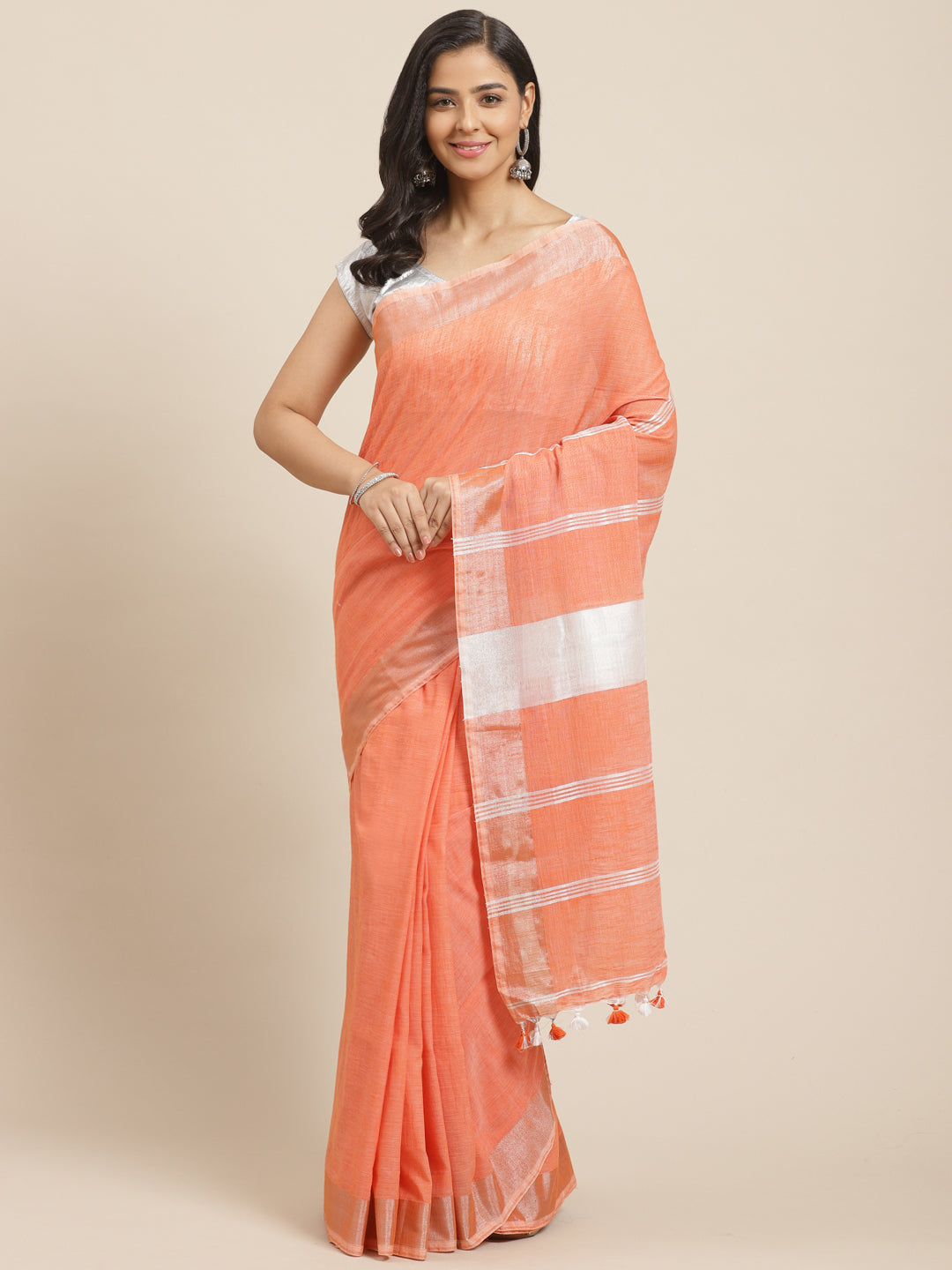 Laa Calcutta Orange  & Silver  Pure cotton Handloom Saree