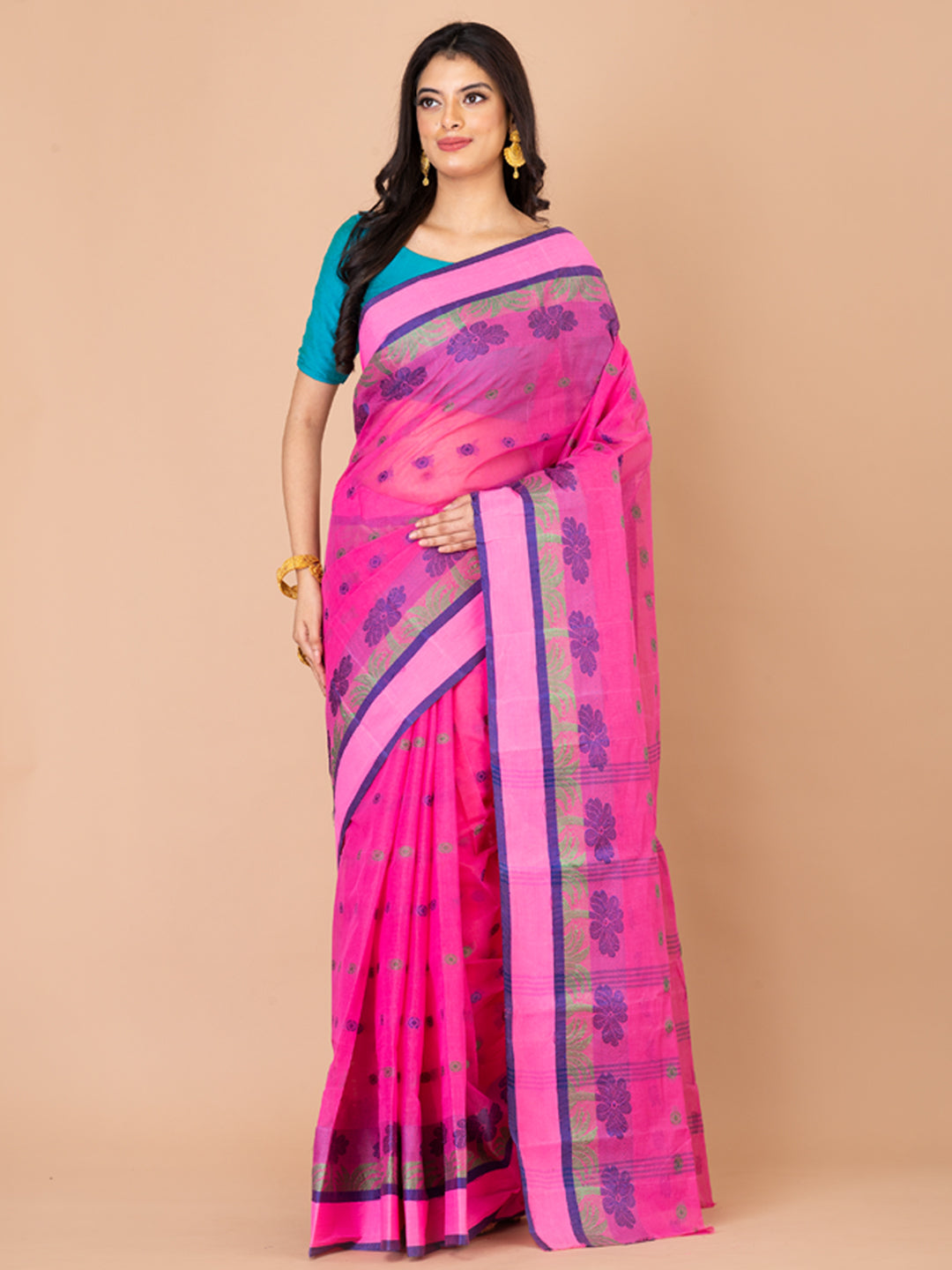 Pink & Blue pure cotton Floral Design taant saree