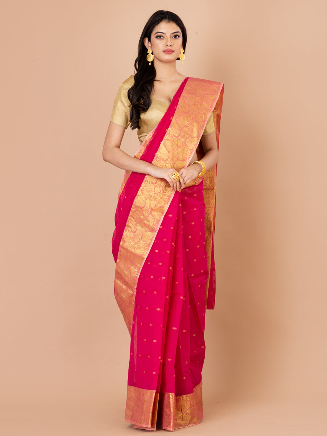 Pink & Golden pure cotton taant saree