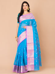 Blue & Pink pure cotton taant saree