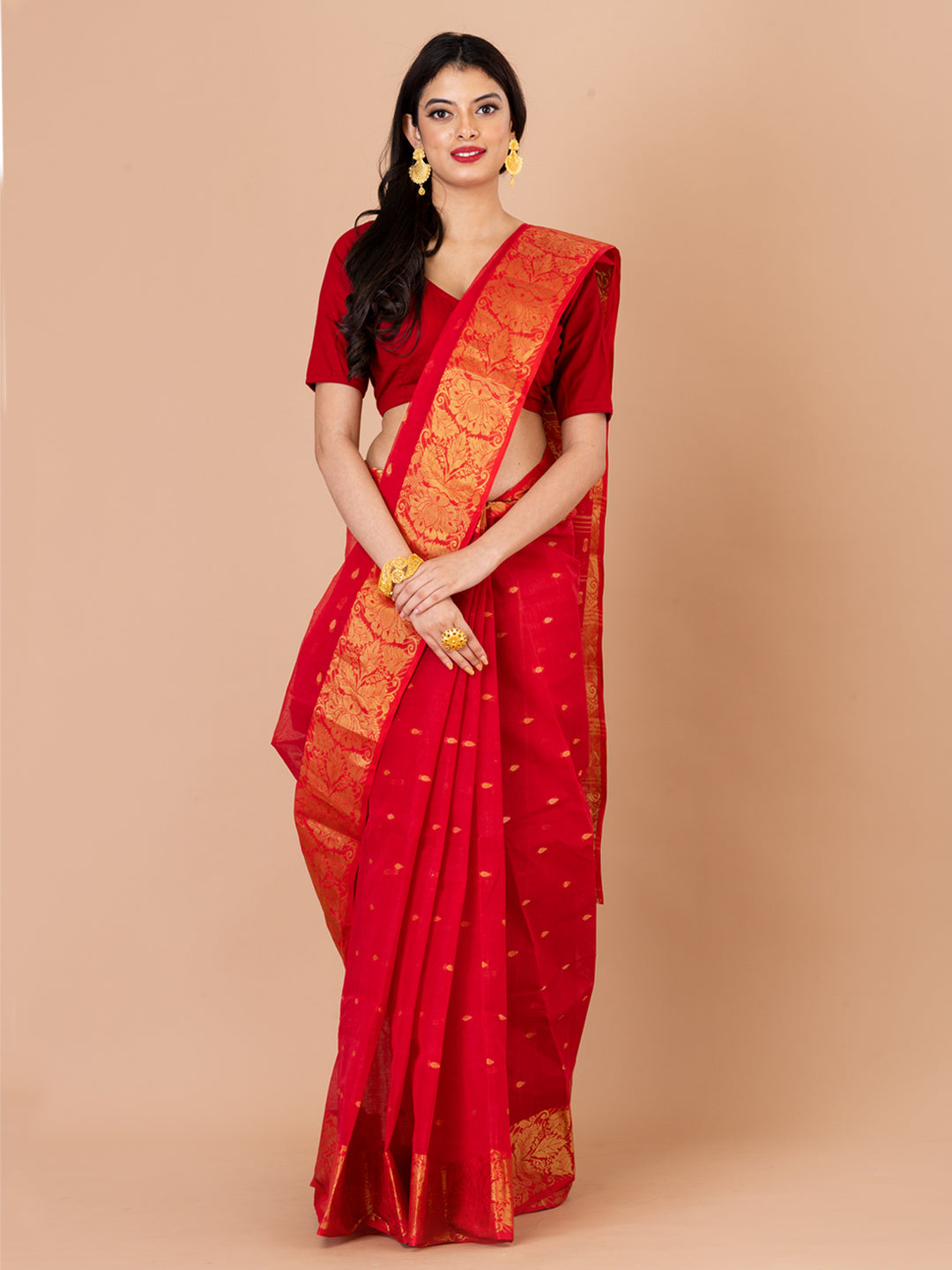 Red & Golden pure cotton taant saree