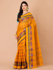 Mustard Yellow & Blue pure cotton Floral Design taant saree