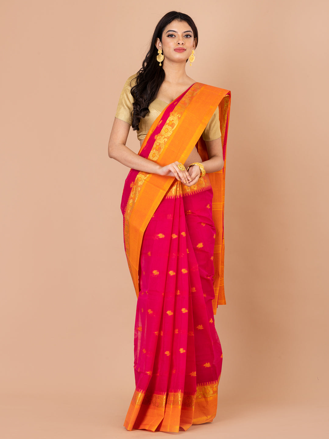 Pink & Orange pure cotton taant saree