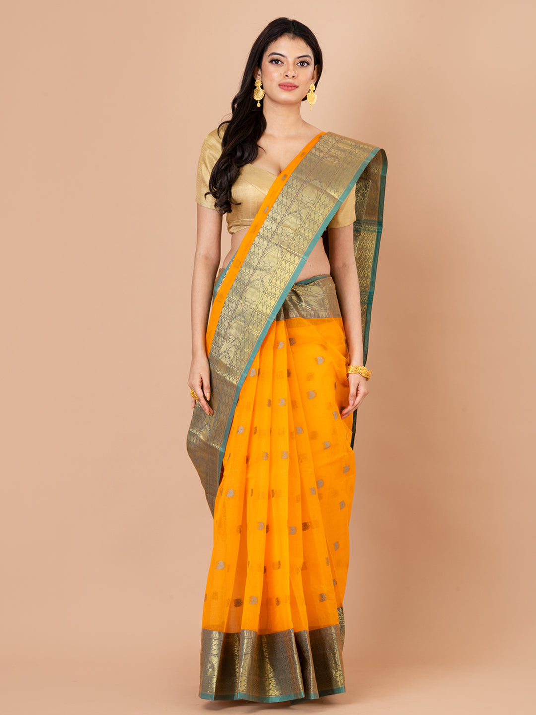 Orange & Green pure cotton taant saree