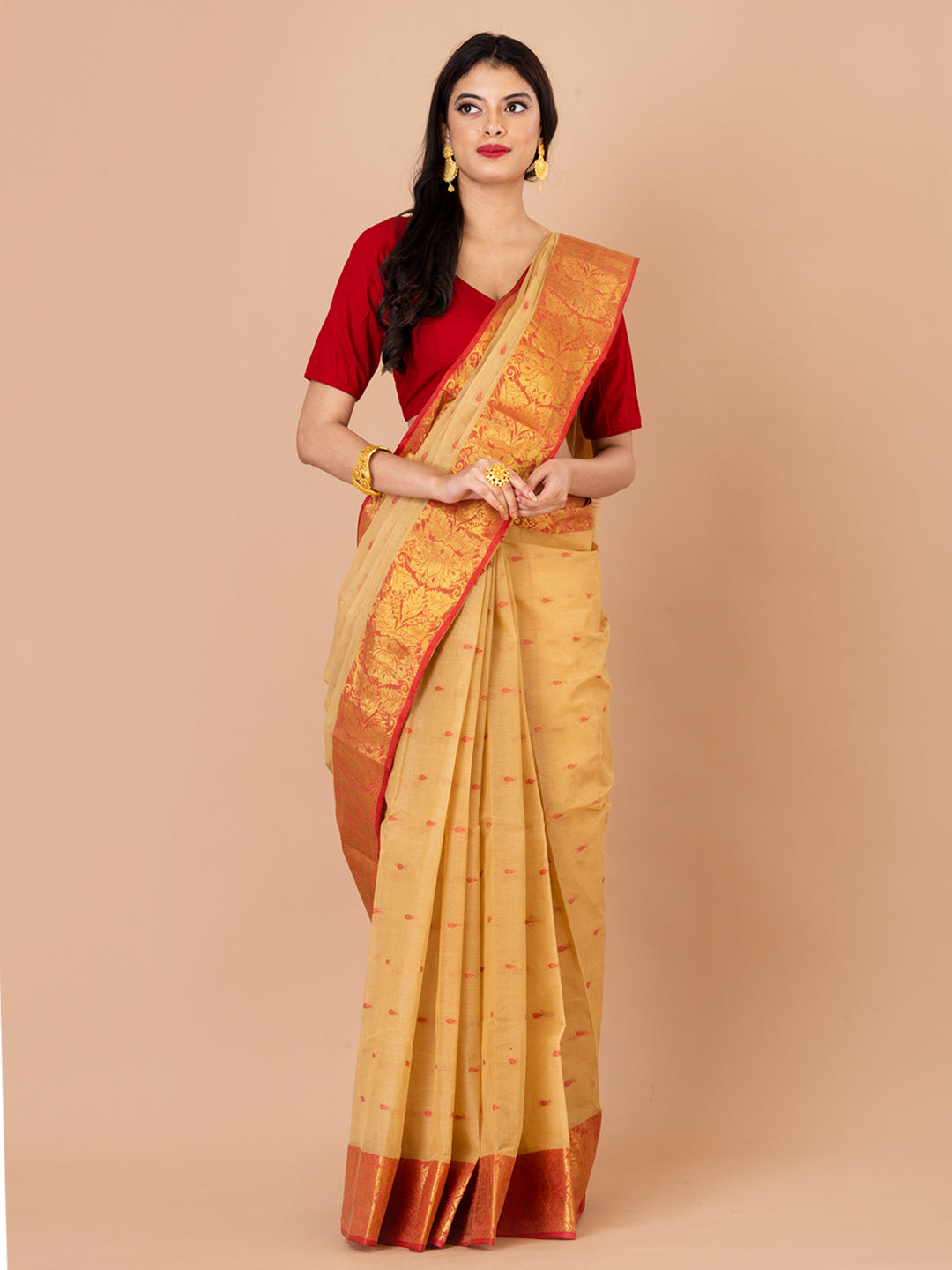 Beige & Red pure cotton taant saree