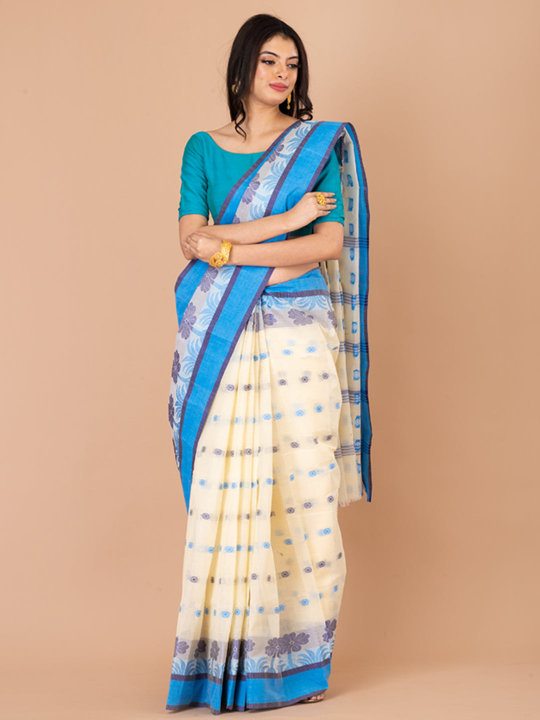 White & Blue pure cotton Floral Design taant saree