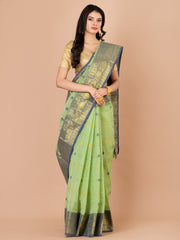 Pista Green & Navy Blue pure cotton taant saree