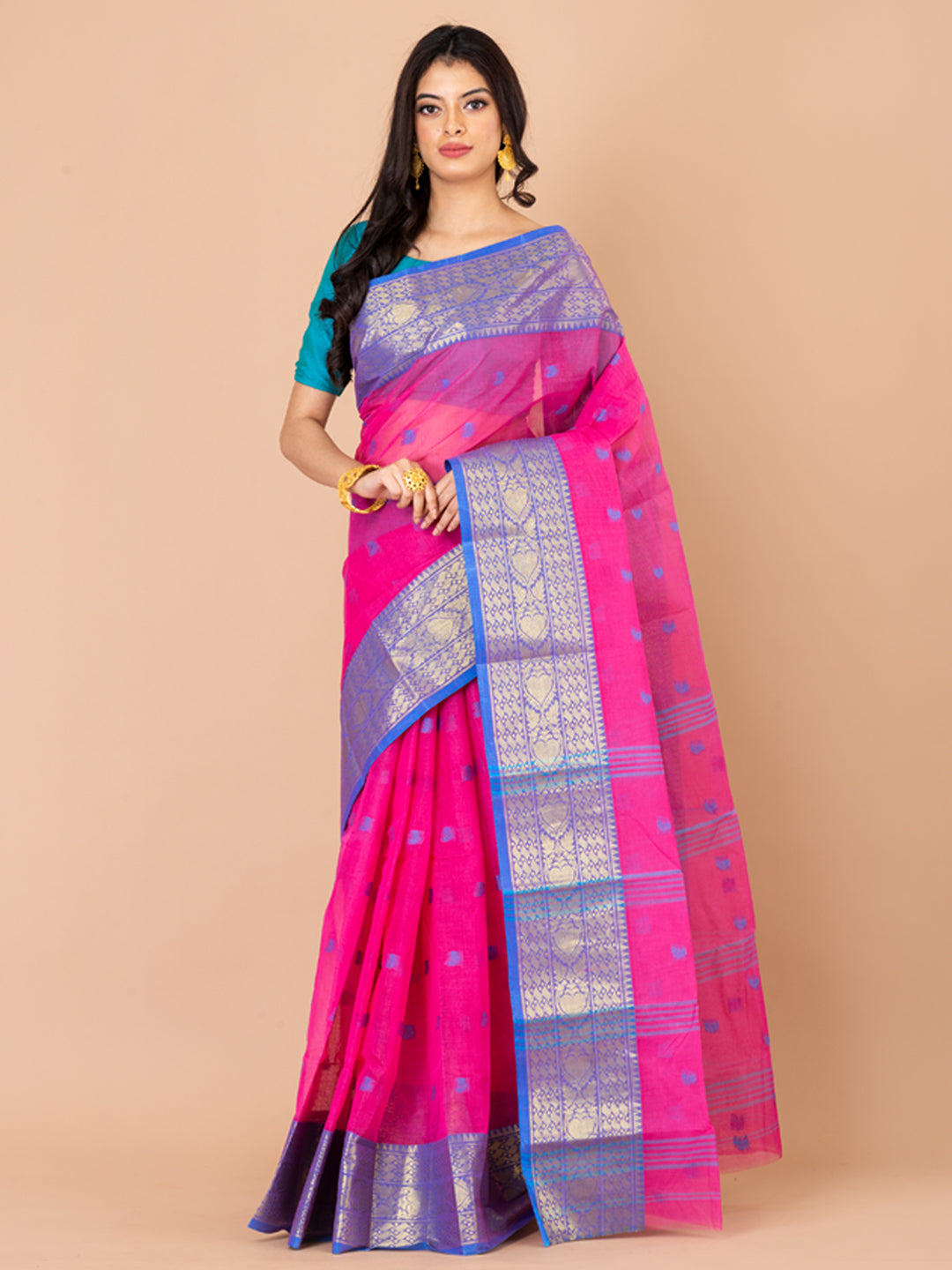 Pink & Blue pure cotton taant saree