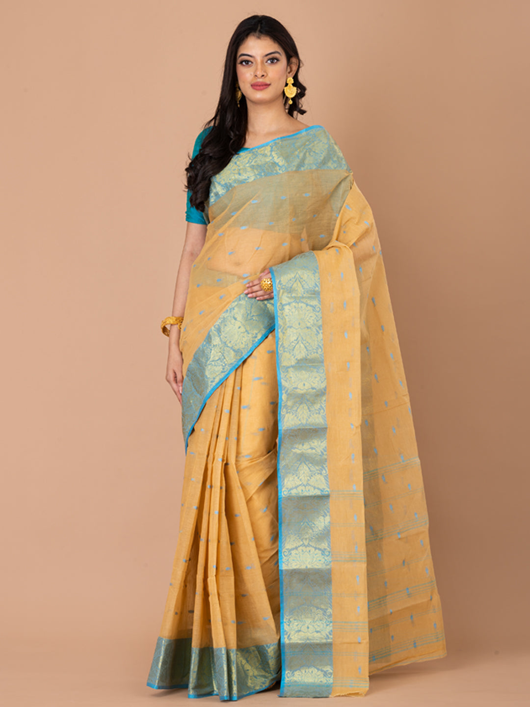 Beige & Sky Blue pure cotton taant saree