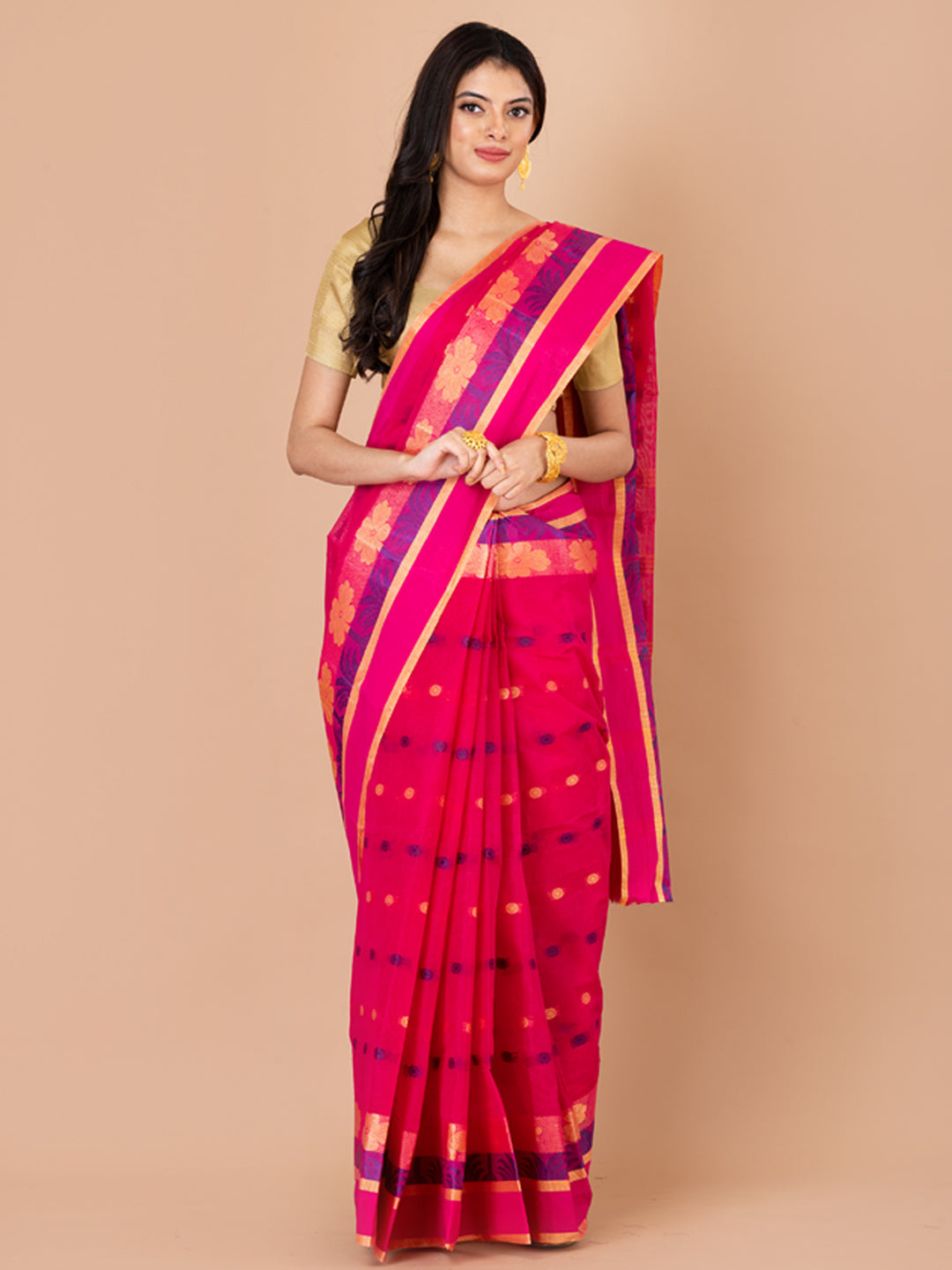 Pink & Multi pure cotton Floral Design taant saree