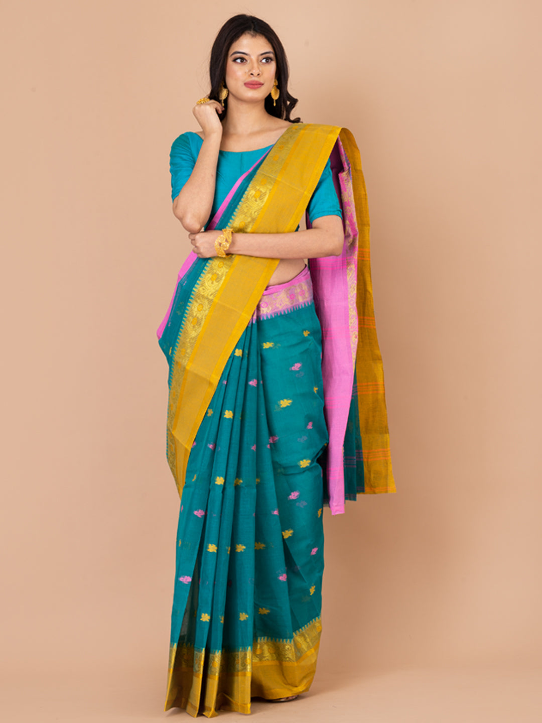 Deep Green & Multi pure cotton taant saree