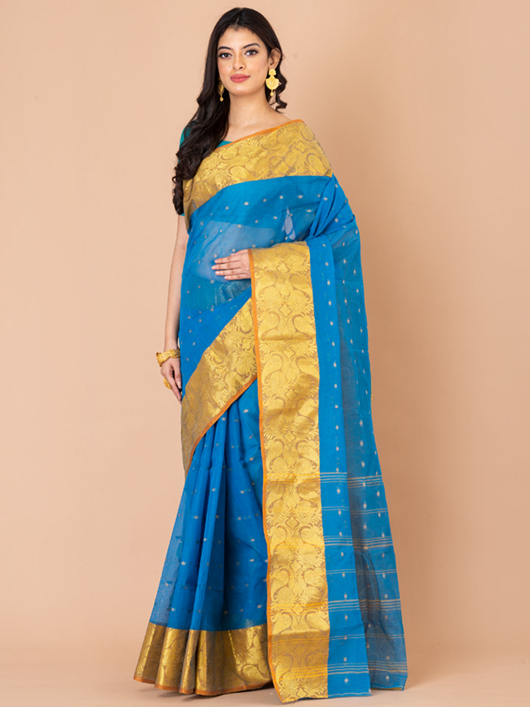 Aqua Blue & Yellow pure cotton taant saree