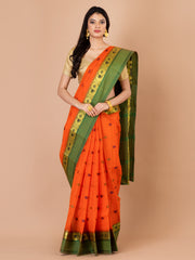 Orange & Green pure cotton taant saree