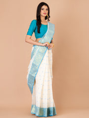 White & Blue pure cotton taant saree