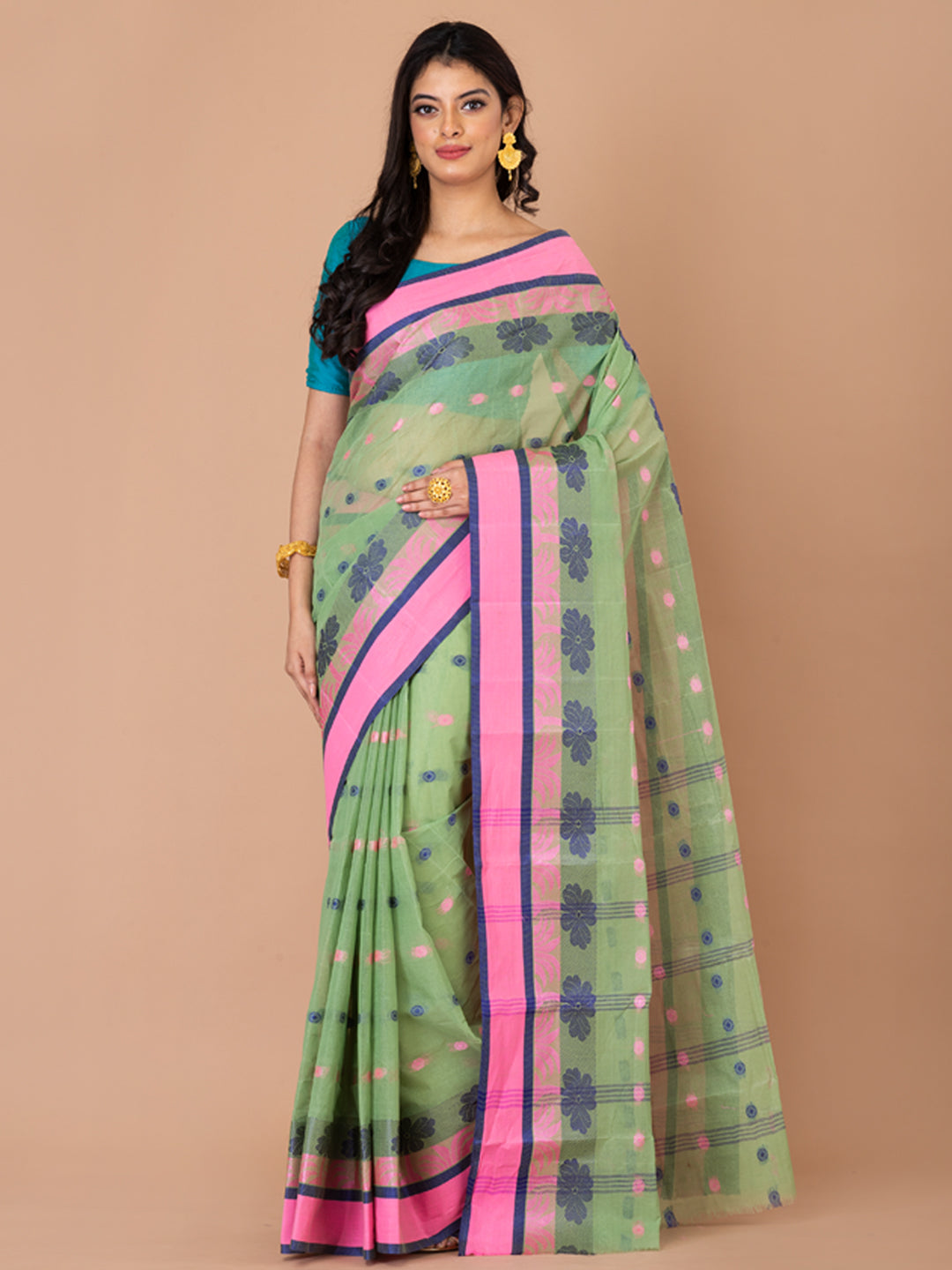 Pista Green & Multi pure cotton Floral Design taant saree