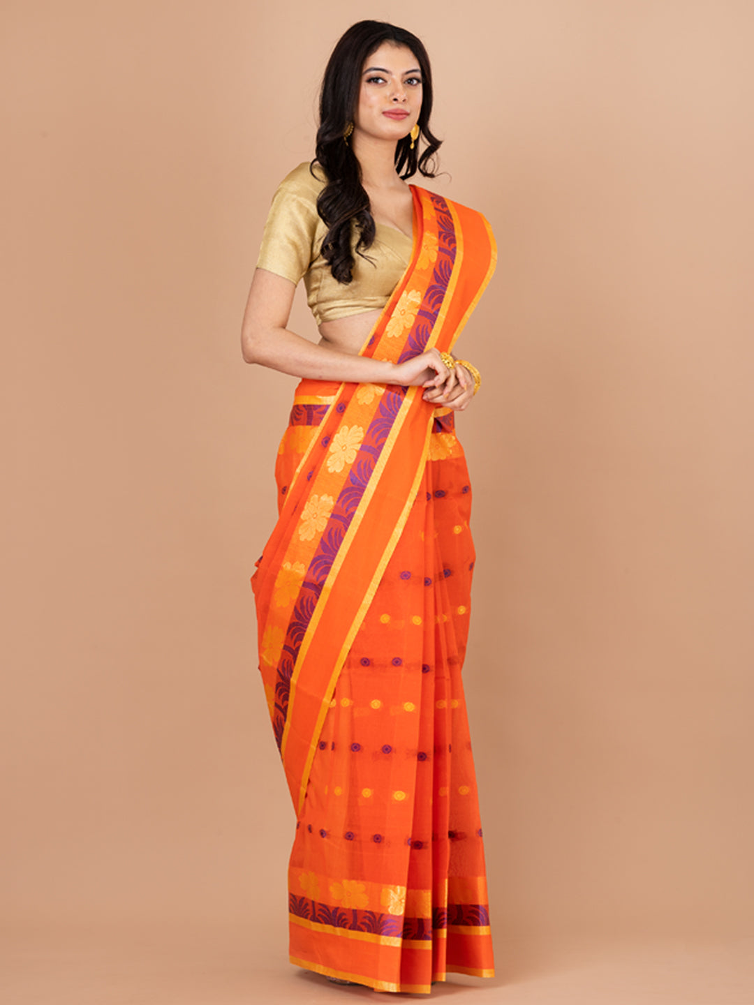 Orange & Blue pure cotton Floral Design taant saree