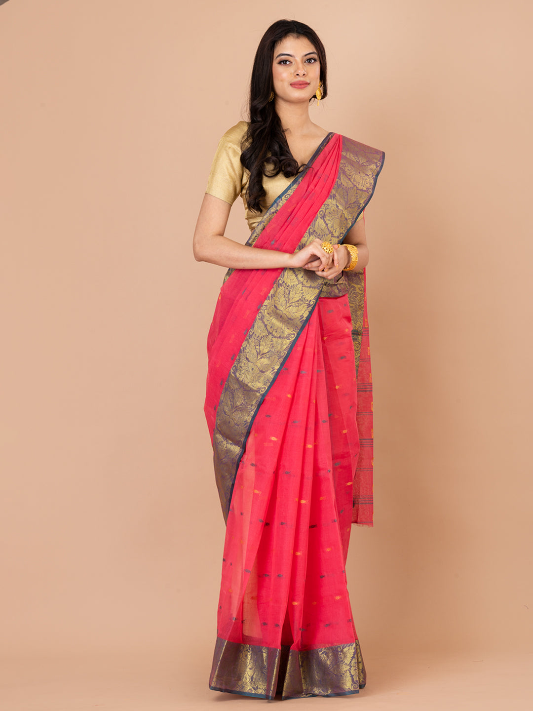 Pink & Green pure cotton taant saree