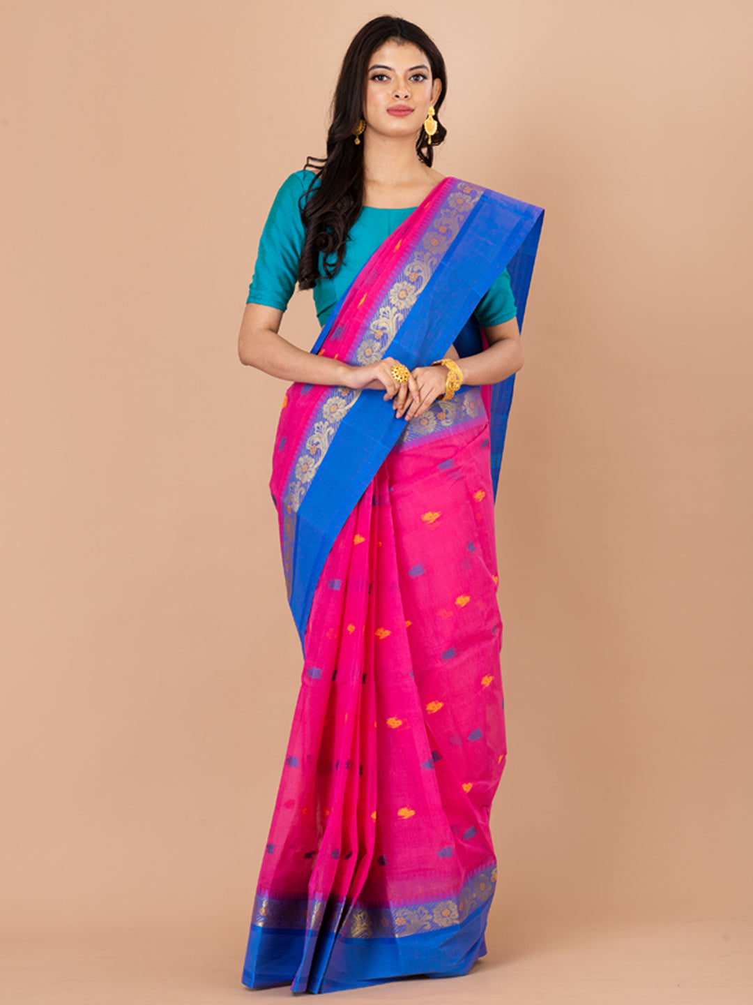 Pink & Blue pure cotton taant saree