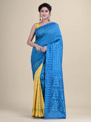 Blue  & Yellow Cotton Minakari Jamdani Saree