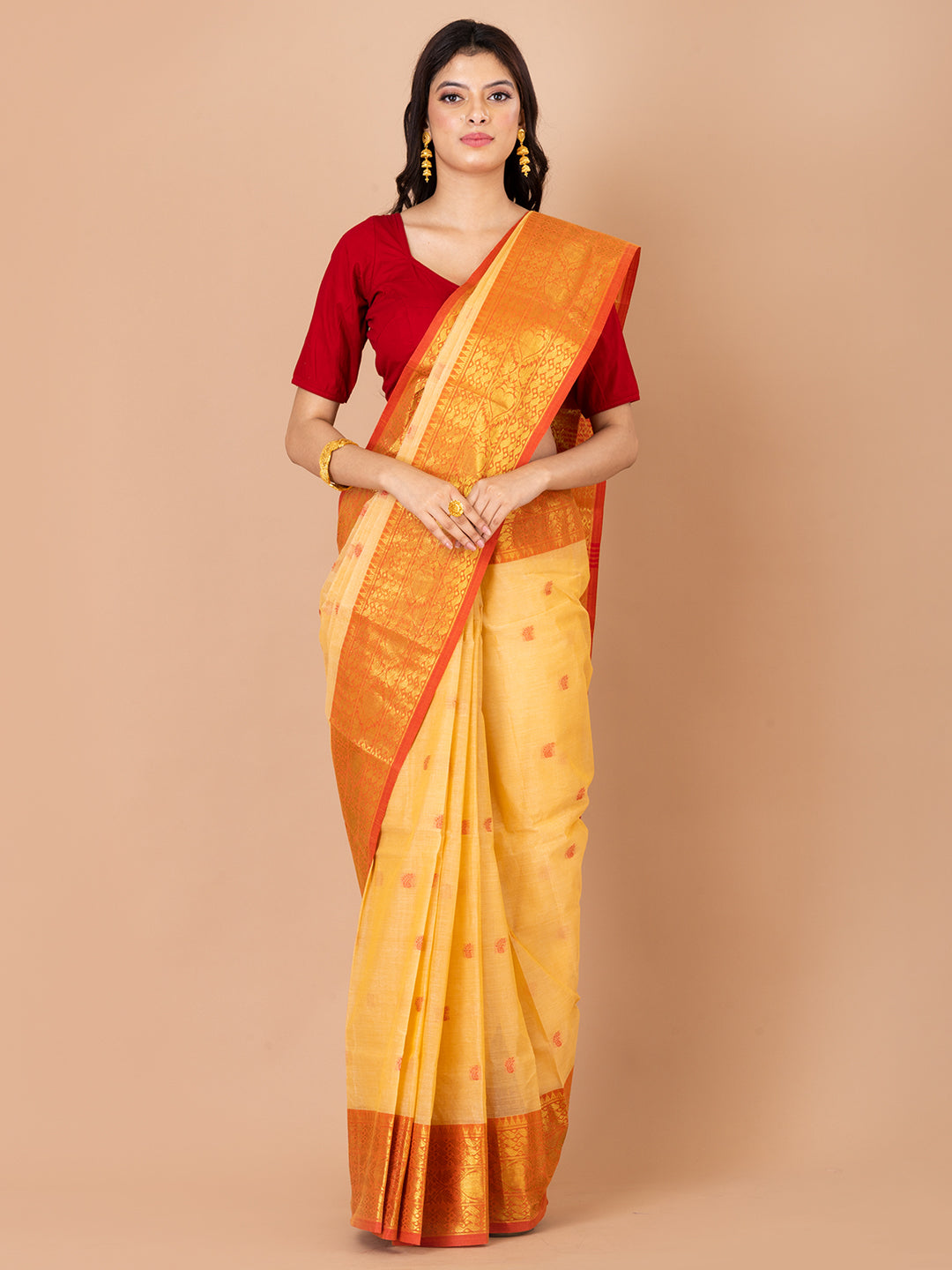 Beige & Red pure cotton taant saree