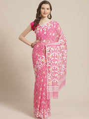 Pink & White Cotton Jamdani Saree