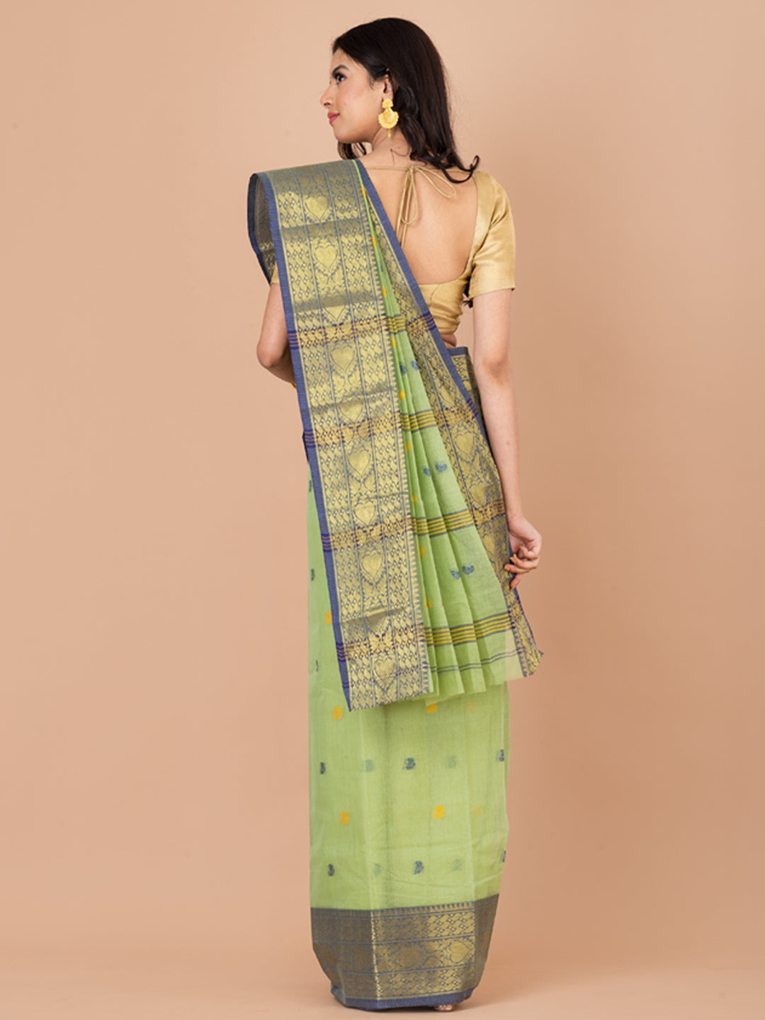 Pista Green & Navy Blue pure cotton taant saree