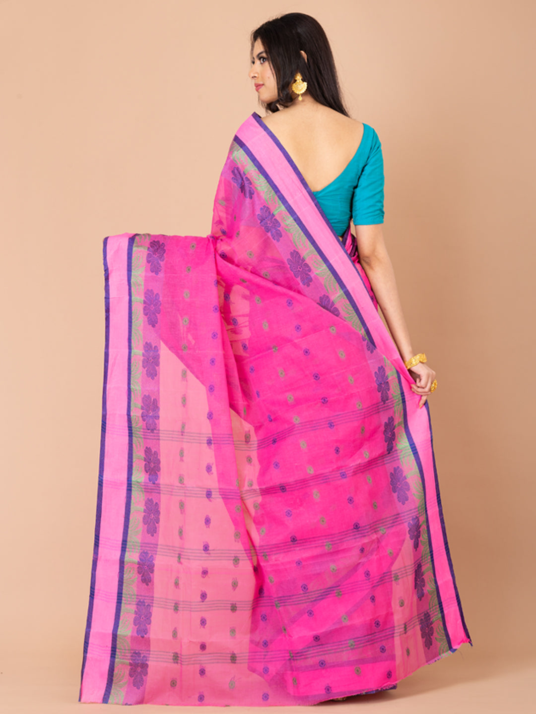 Pink & Blue pure cotton Floral Design taant saree