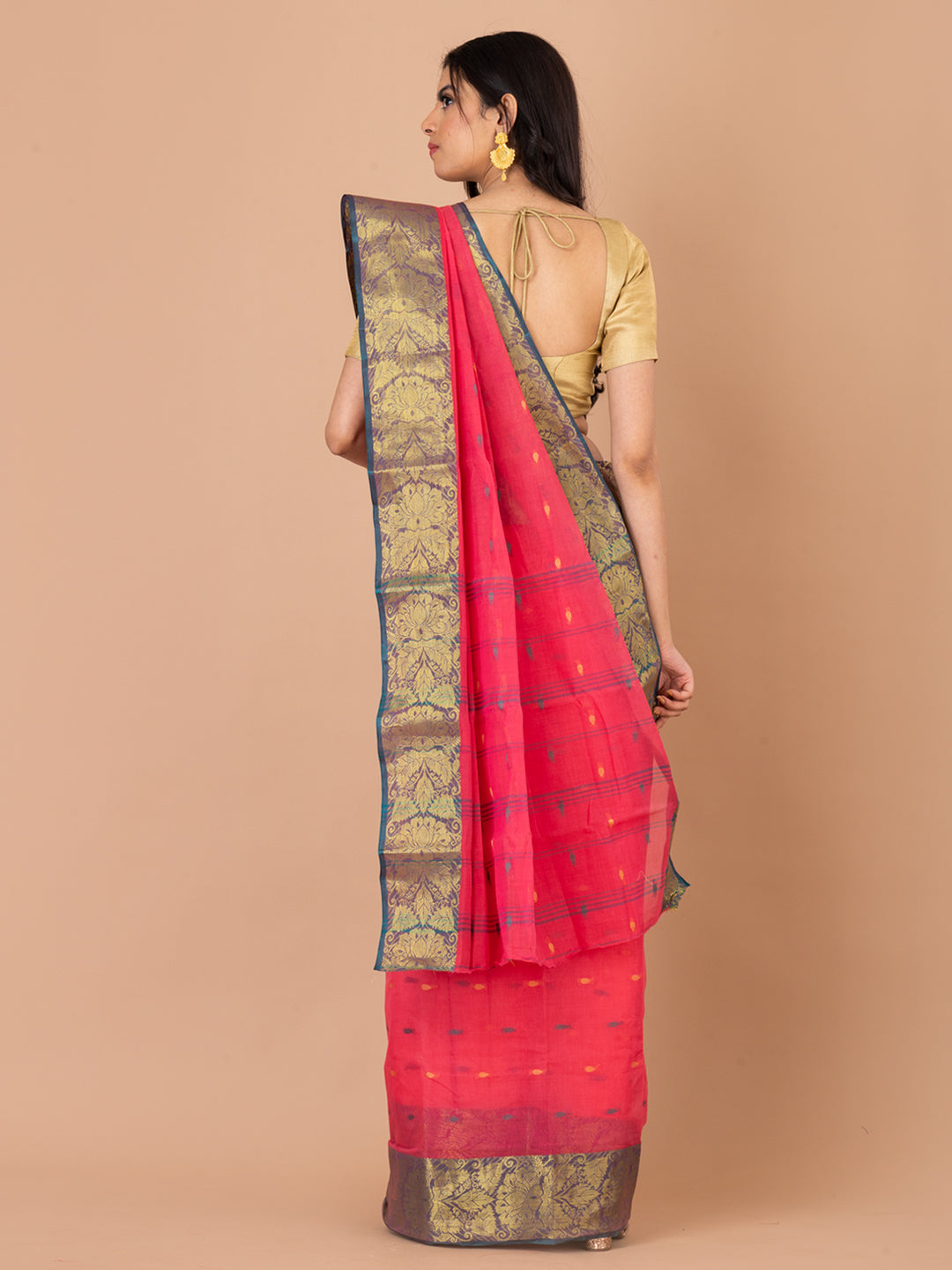 Pink & Green pure cotton taant saree