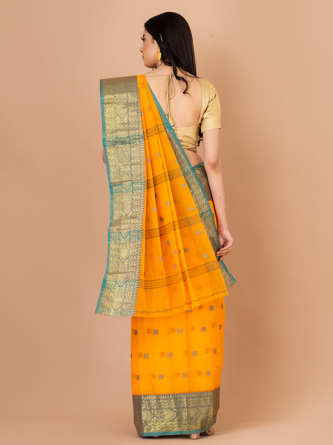 Orange & Green pure cotton taant saree