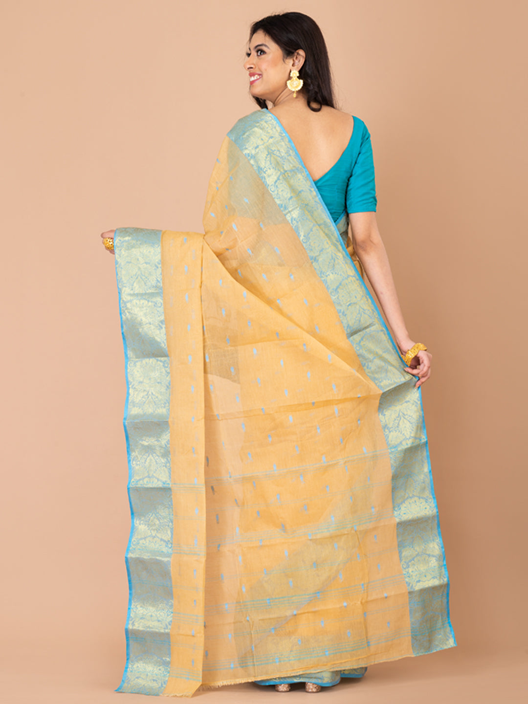 Beige & Sky Blue pure cotton taant saree