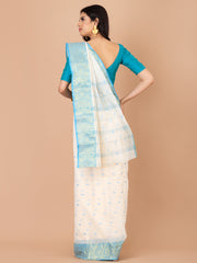 White & Blue pure cotton taant saree