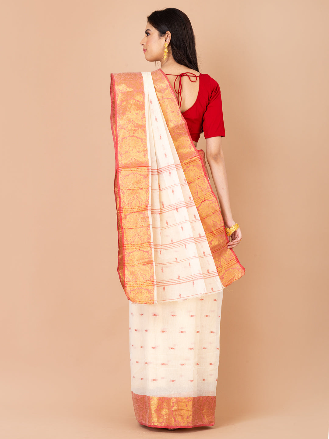 White & Red pure cotton taant saree