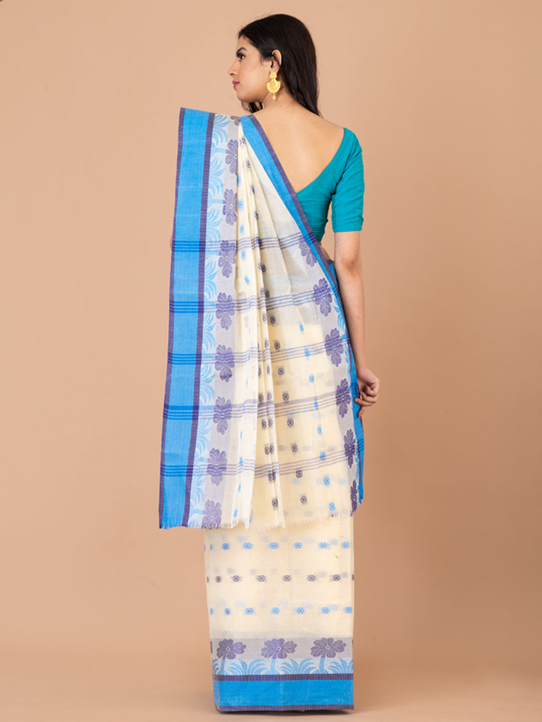 White & Blue pure cotton Floral Design taant saree