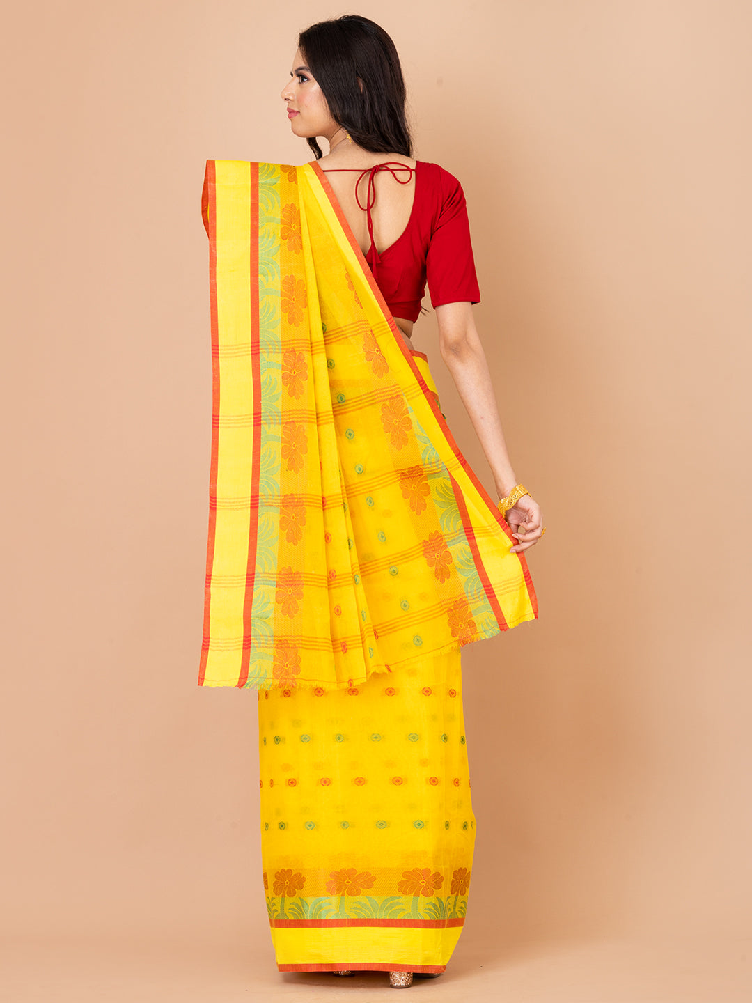 Yellow & Multi pure cotton Floral Design taant saree