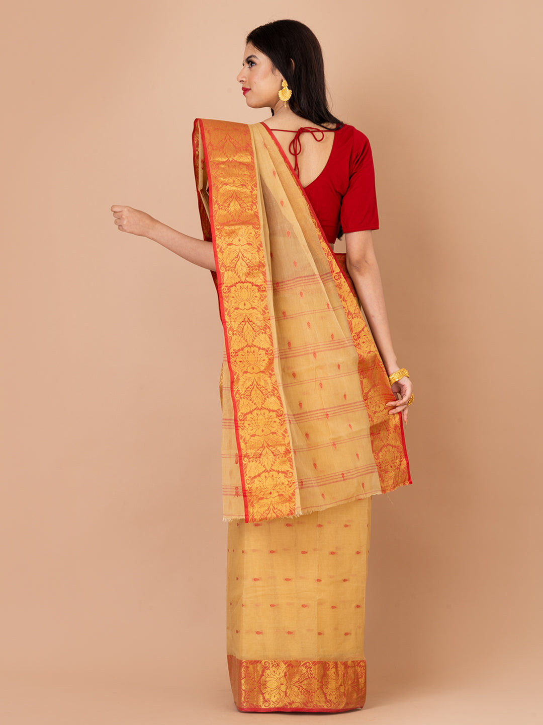 Beige & Red pure cotton taant saree