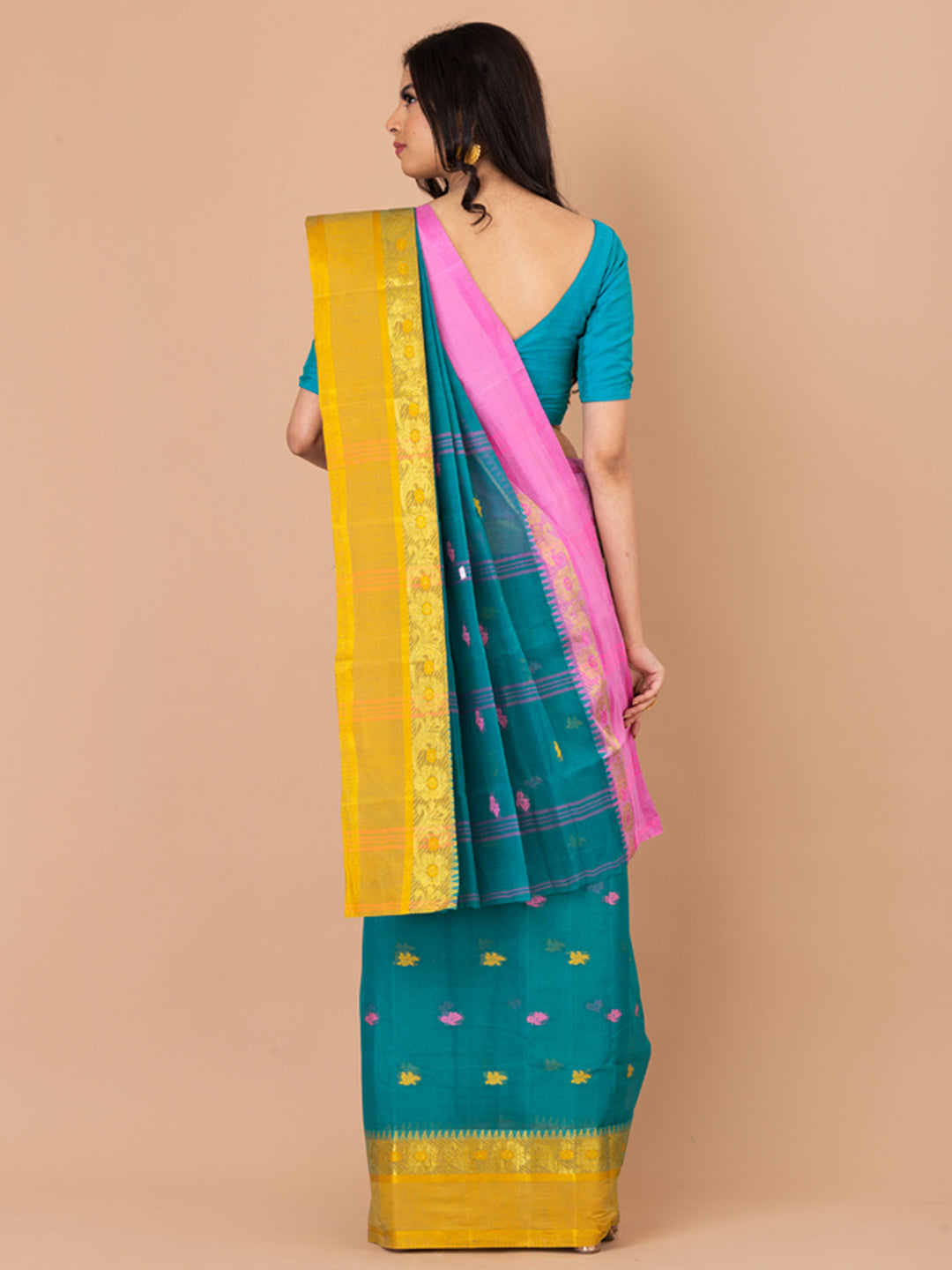 Deep Green & Multi pure cotton taant saree