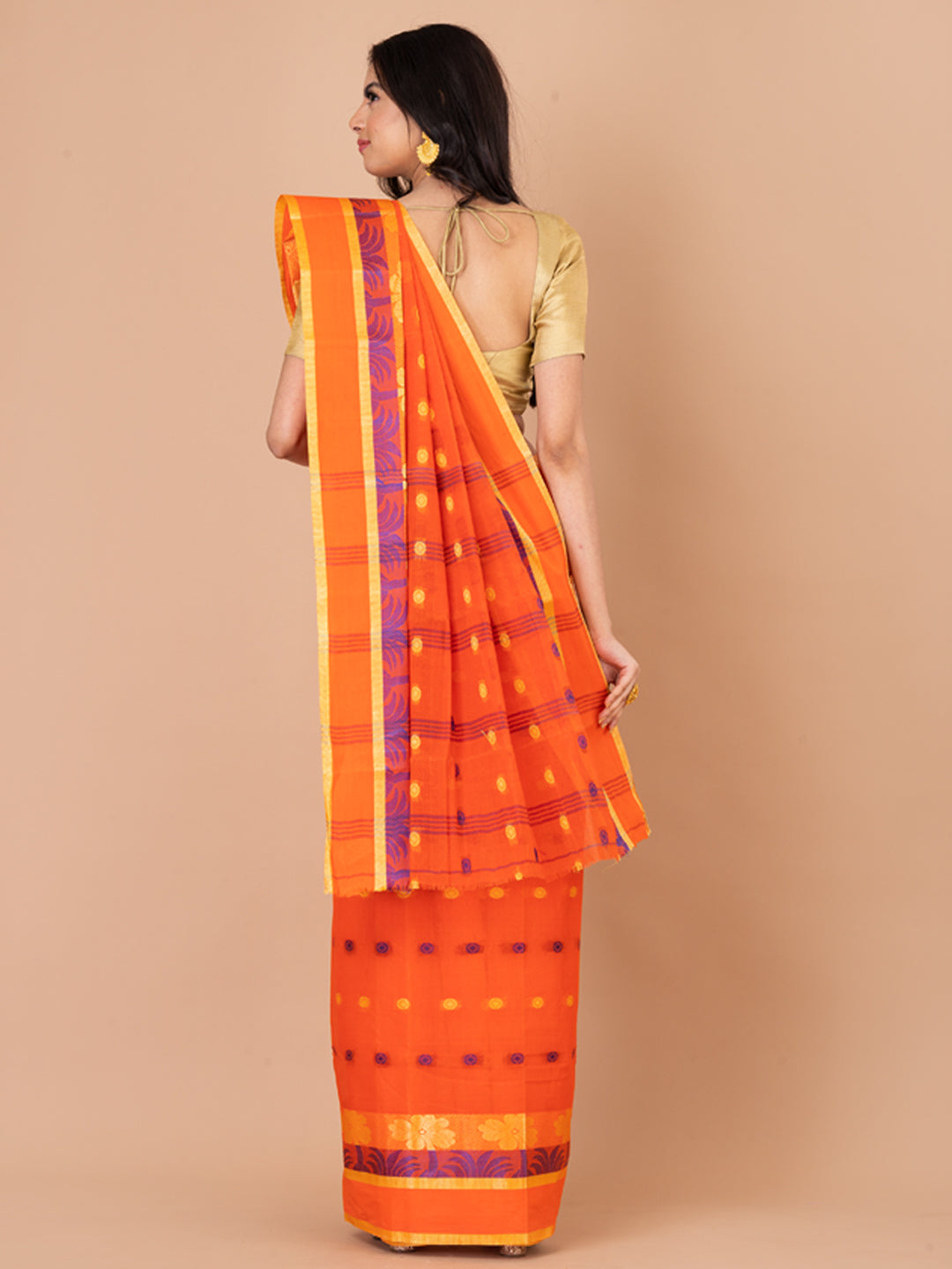 Orange & Blue pure cotton Floral Design taant saree