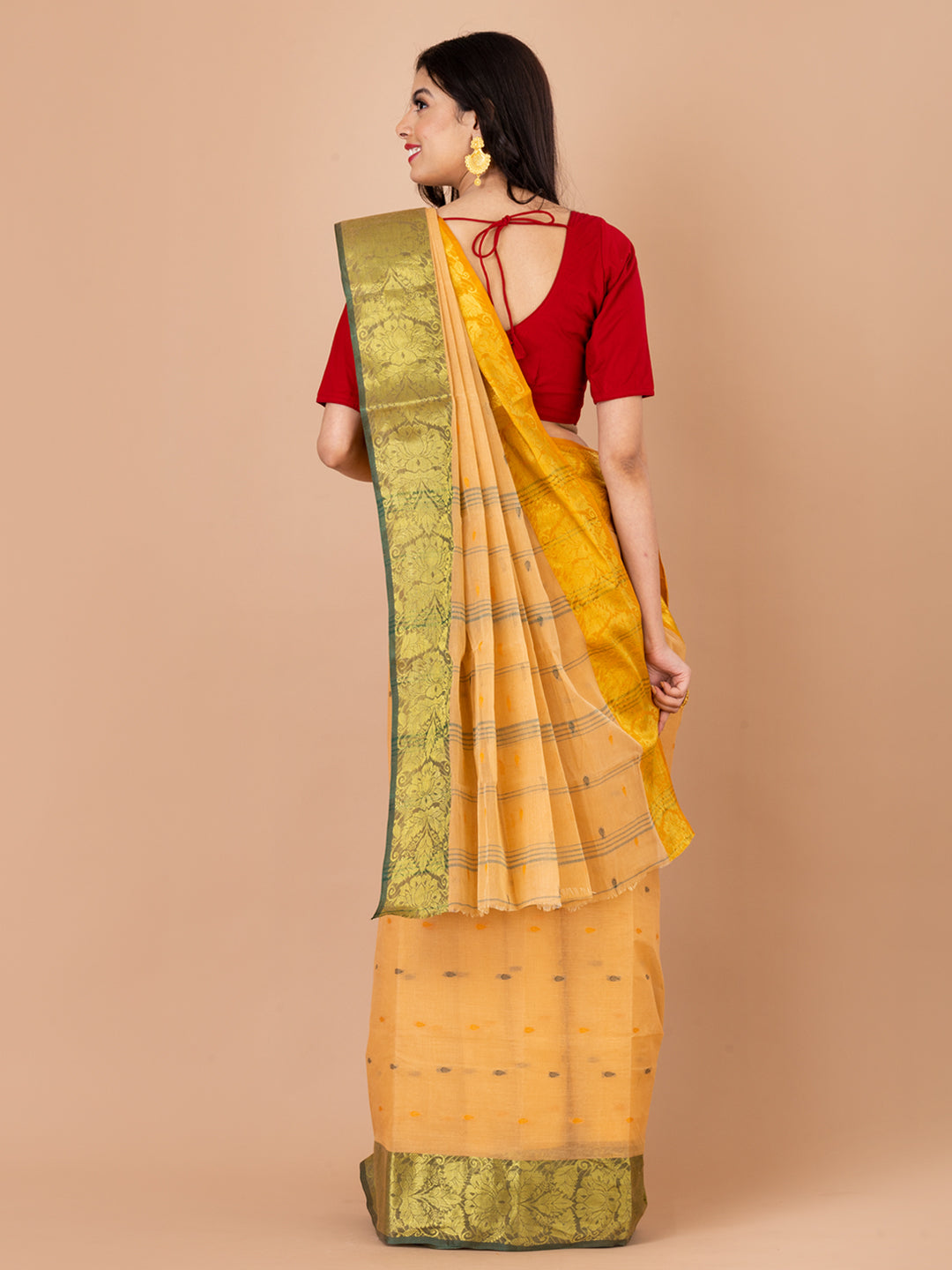 Beige & Multi pure cotton taant saree