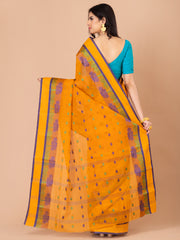 Mustard Yellow & Blue pure cotton Floral Design taant saree