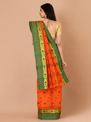 Orange & Green pure cotton taant saree