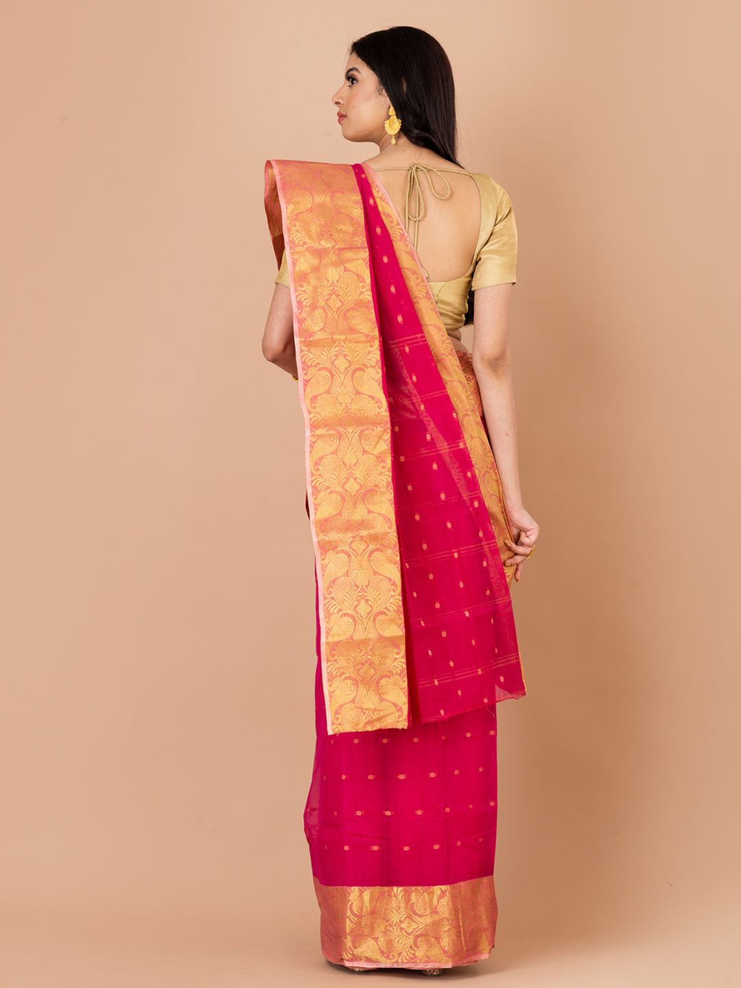 Pink & Golden pure cotton taant saree