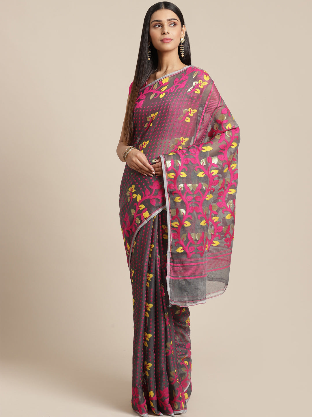 Grey & Pink Cotton Jamdani Saree